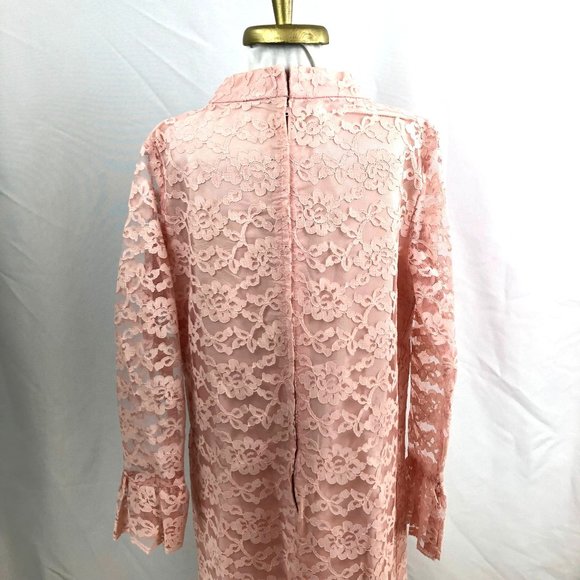 Vintage Handmade Lace Pink Dress Long Sleeve Bow Front Metal Zipper 60s - Picture 2 of 13